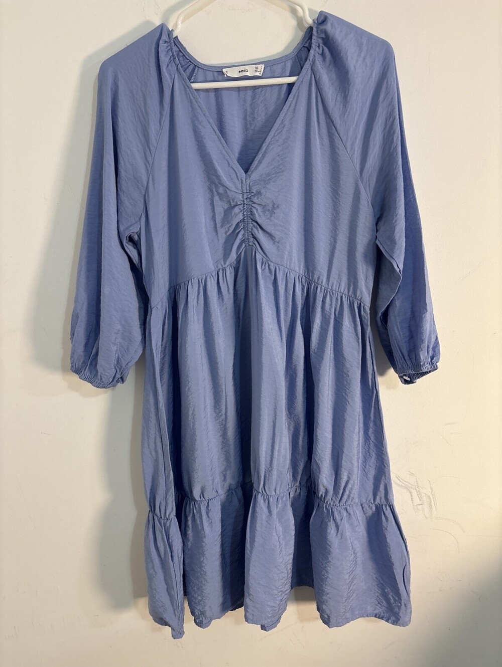 Mango MNG Baby Blue Tiered Balloon Sleeve V-Neck Babydoll Mini Dress Small